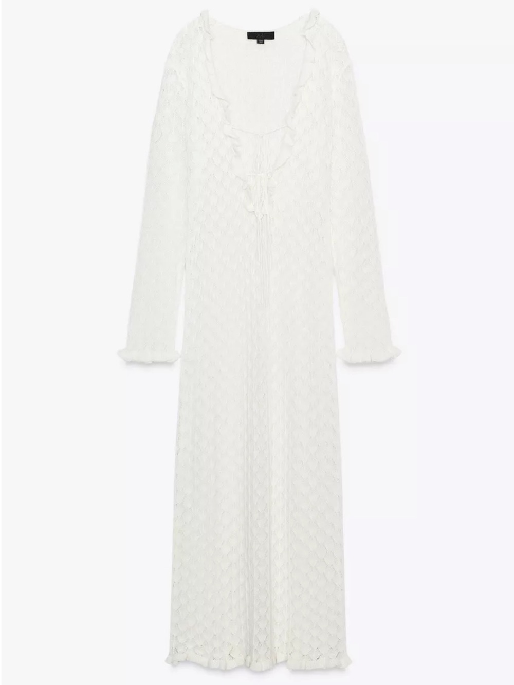 ZARA POINTELLE KNIT RUFFLED LONG DRESS IN WHITE